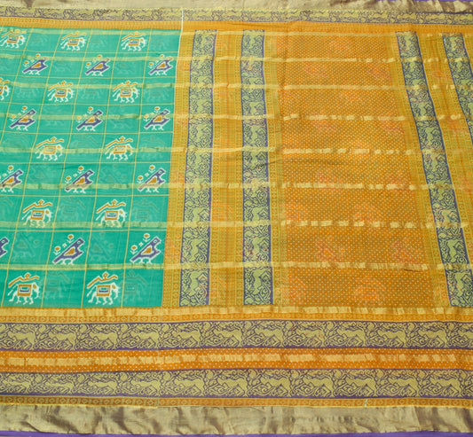 Sushila Vintage Elephant Birds Ikat Design Aqua Green Pure Cotton Saree Fabric
