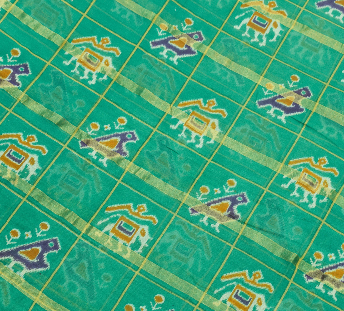 Sushila Vintage Elephant Birds Ikat Design Aqua Green Pure Cotton Saree Fabric