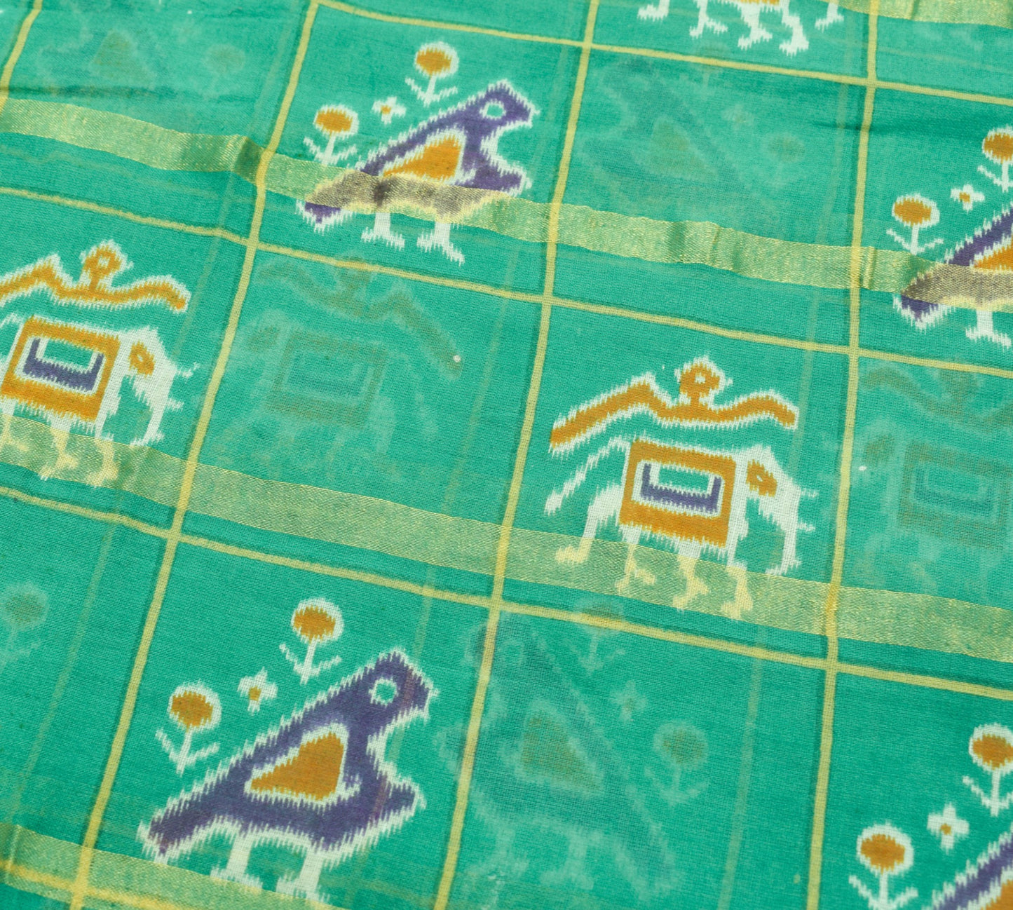 Sushila Vintage Elephant Birds Ikat Design Aqua Green Pure Cotton Saree Fabric