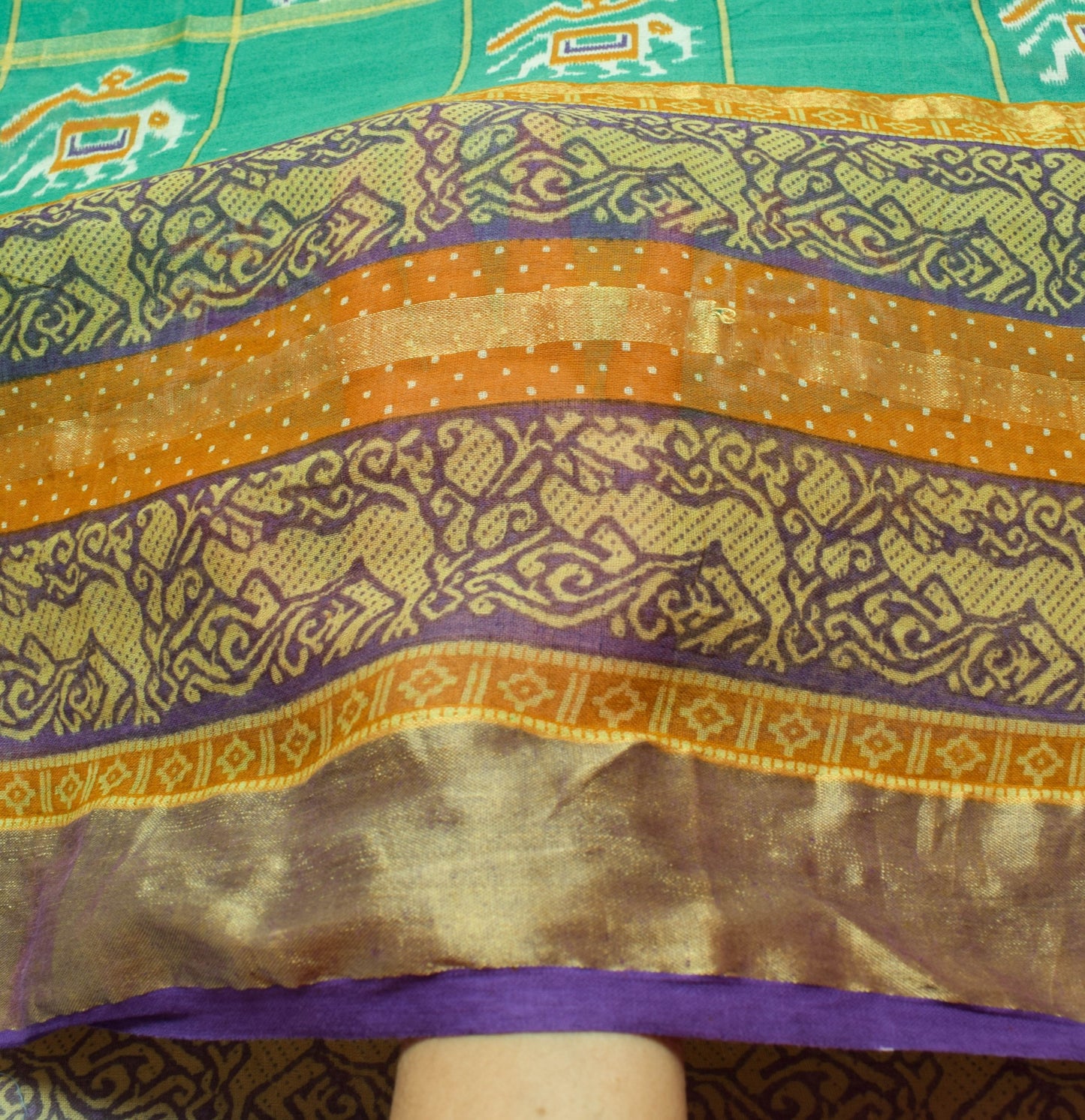 Sushila Vintage Elephant Birds Ikat Design Aqua Green Pure Cotton Saree Fabric