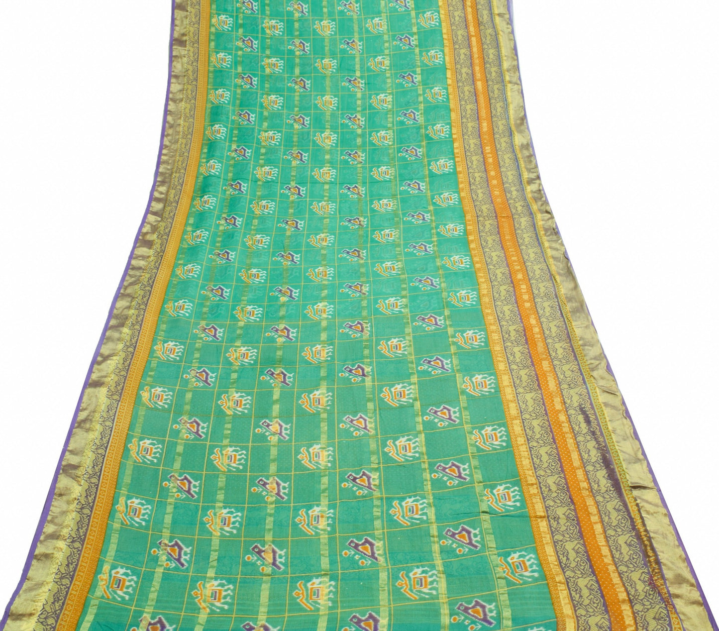 Sushila Vintage Elephant Birds Ikat Design Aqua Green Pure Cotton Saree Fabric