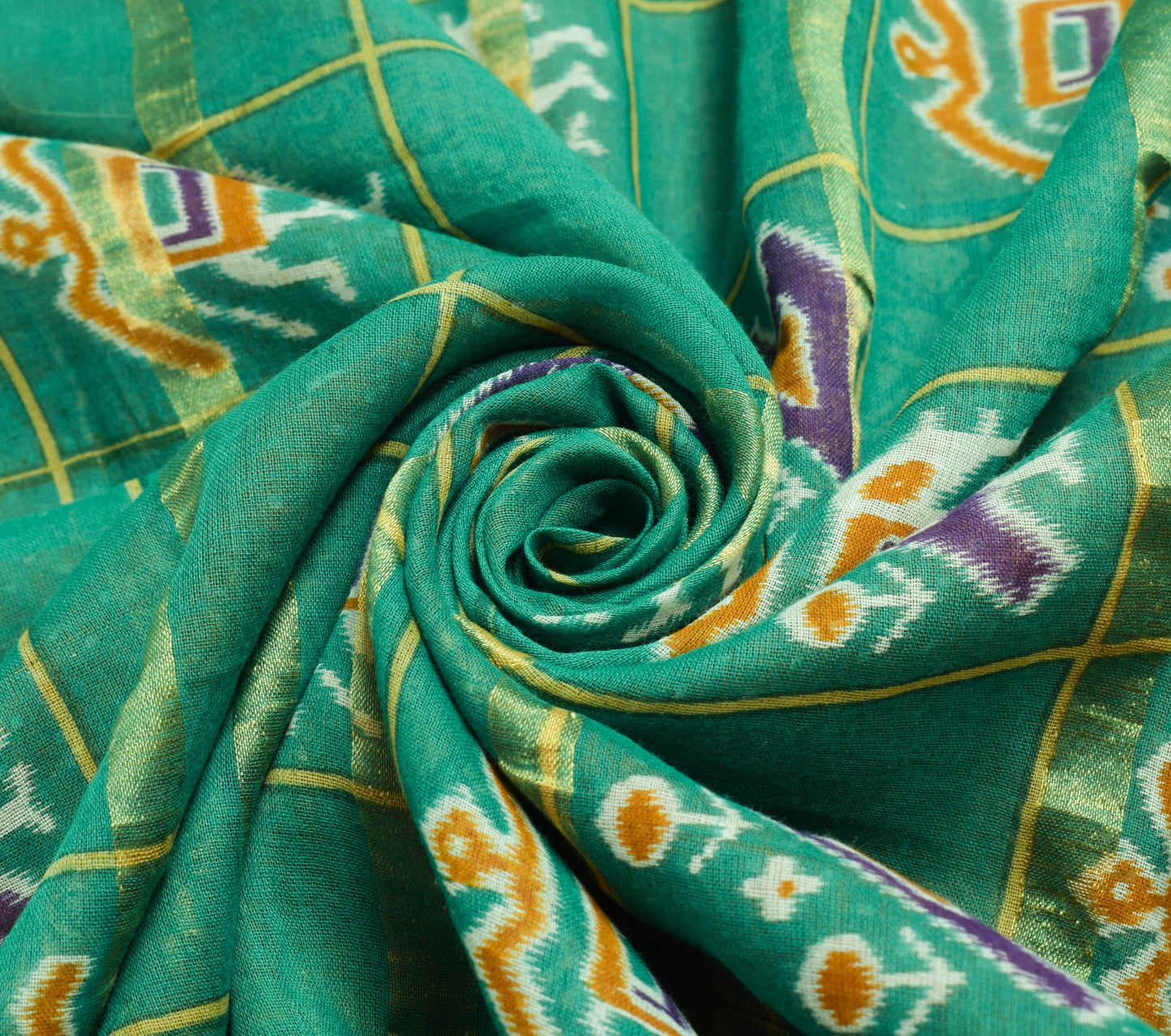 Sushila Vintage Elephant Birds Ikat Design Aqua Green Pure Cotton Saree Fabric
