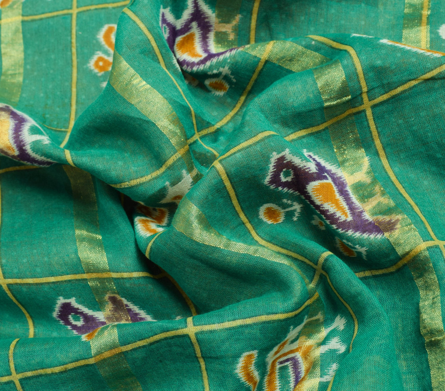 Sushila Vintage Elephant Birds Ikat Design Aqua Green Pure Cotton Saree Fabric