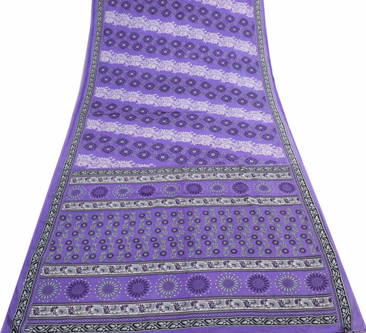 Sushila Vintage Dark Lavender Saree 100% Pure Cotton Printed Floral Craft Fabric