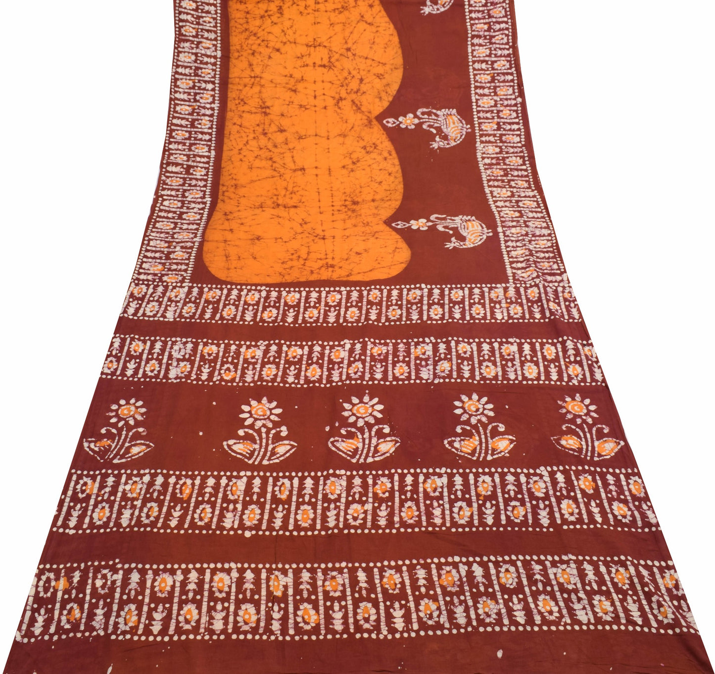 Sushila Vintage Orange Batik Printed Saree 100% Pure Cotton Soft Craft Fabric