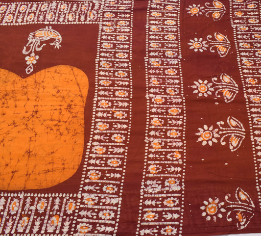 Sushila Vintage Orange Batik Printed Saree 100% Pure Cotton Soft Craft Fabric