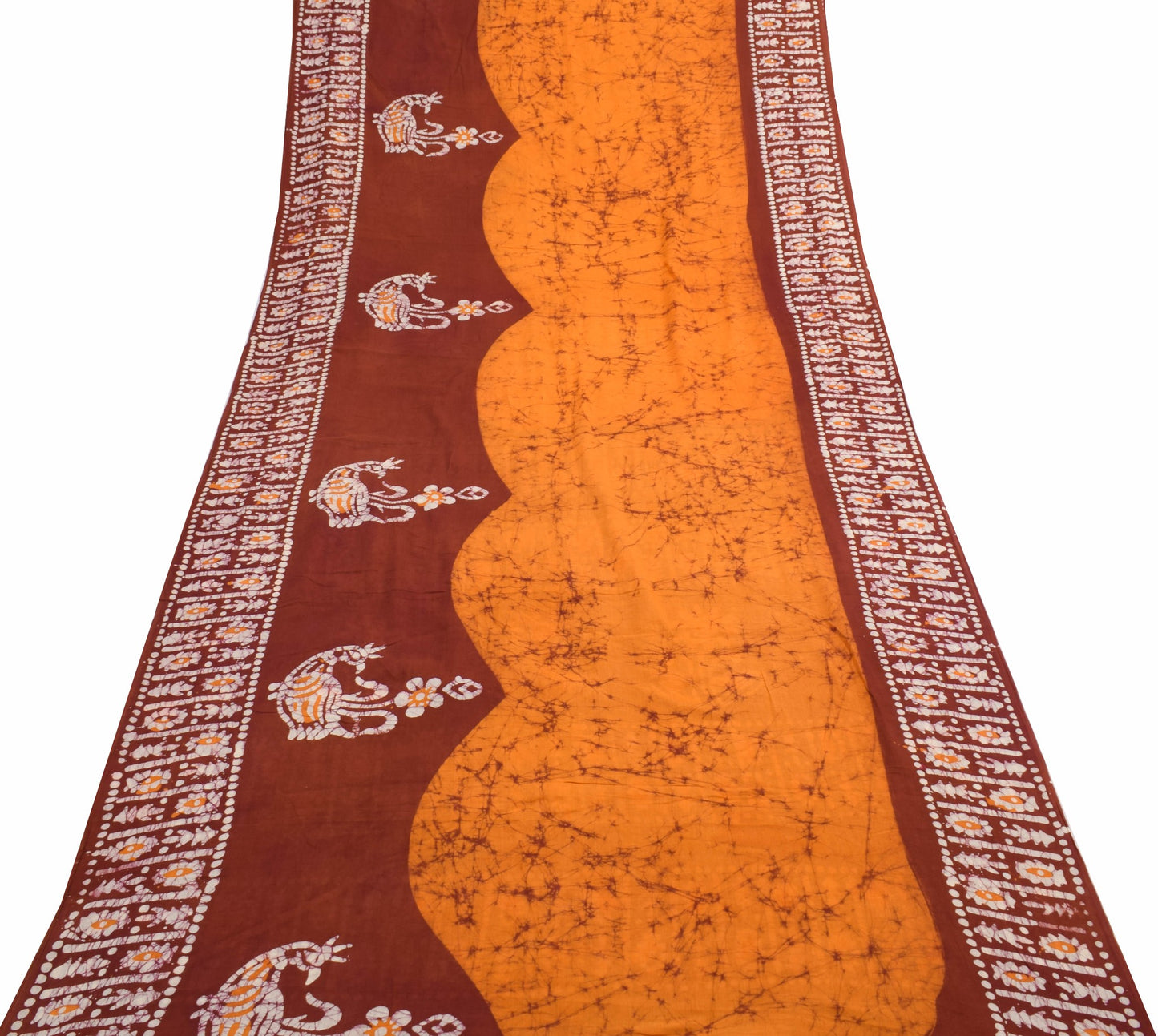 Sushila Vintage Orange Batik Printed Saree 100% Pure Cotton Soft Craft Fabric
