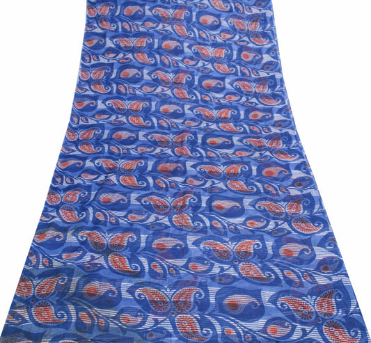 Sushila Vintage Blue Women Saree 100% Pure Cotton Paisley Printed Craft Fabric