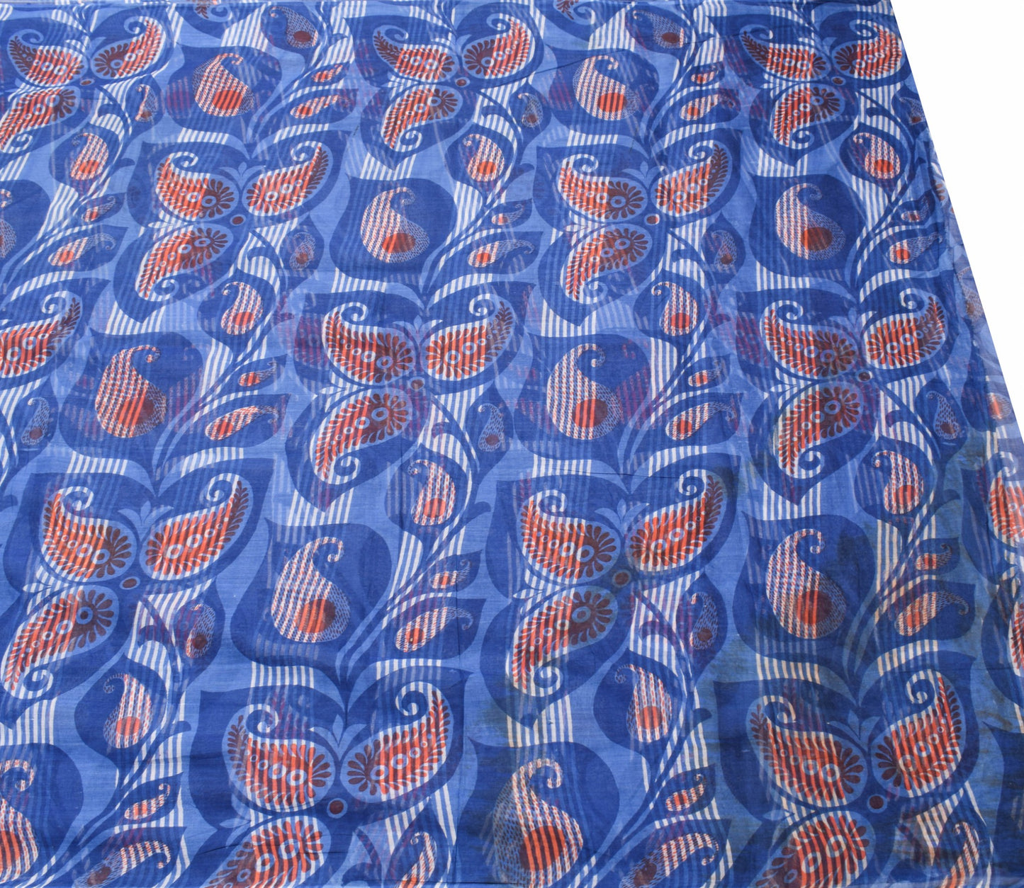 Sushila Vintage Blue Women Saree 100% Pure Cotton Paisley Printed Craft Fabric