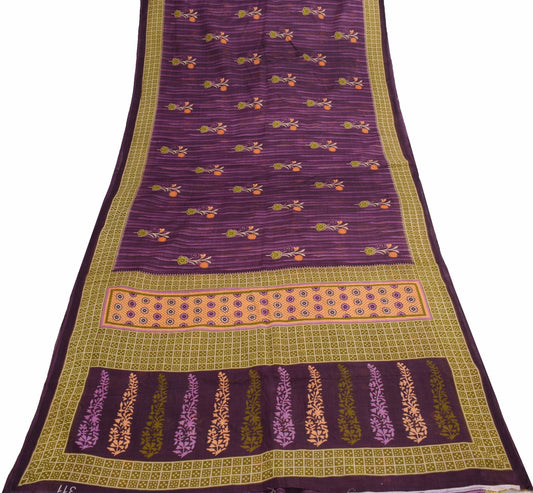 Sushila Vintage Dark Purple Saree 100% Pure Cotton Printed Floral Craft Fabric