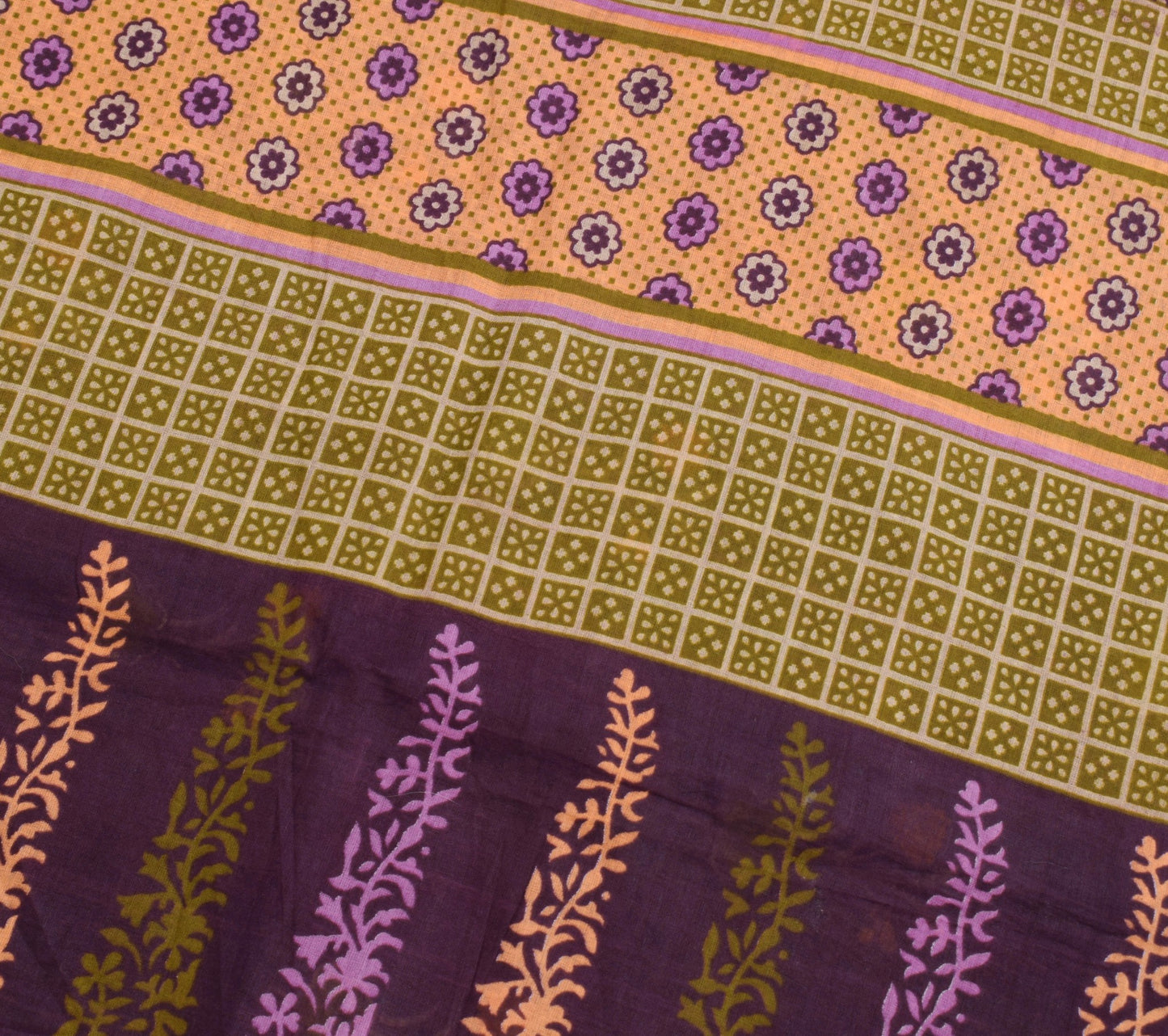 Sushila Vintage Dark Purple Saree 100% Pure Cotton Printed Floral Craft Fabric