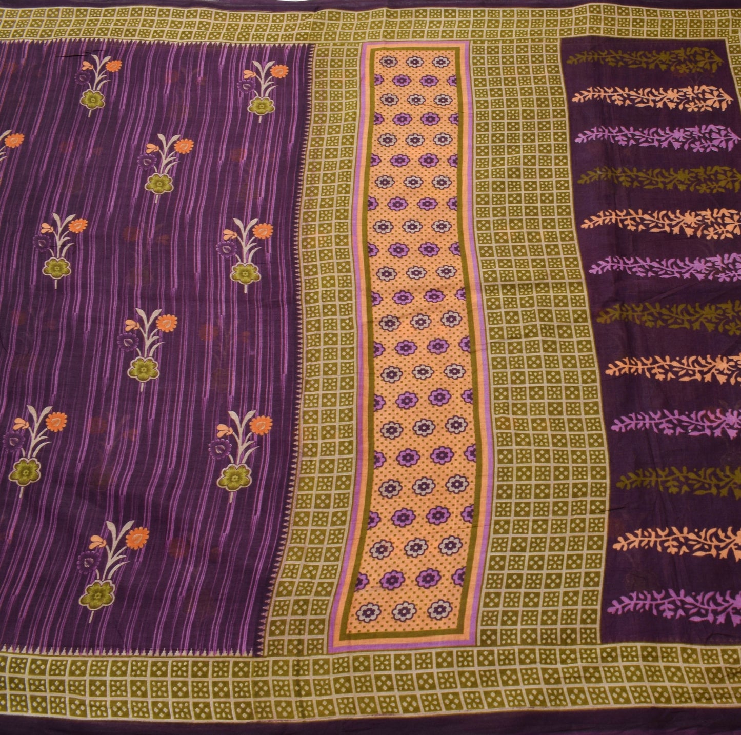 Sushila Vintage Dark Purple Saree 100% Pure Cotton Printed Floral Craft Fabric