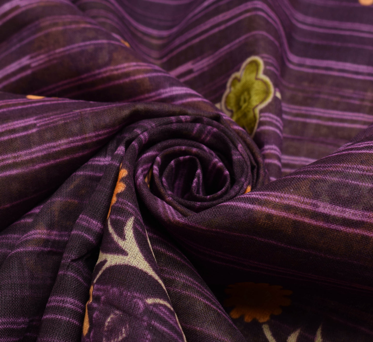 Sushila Vintage Dark Purple Saree 100% Pure Cotton Printed Floral Craft Fabric