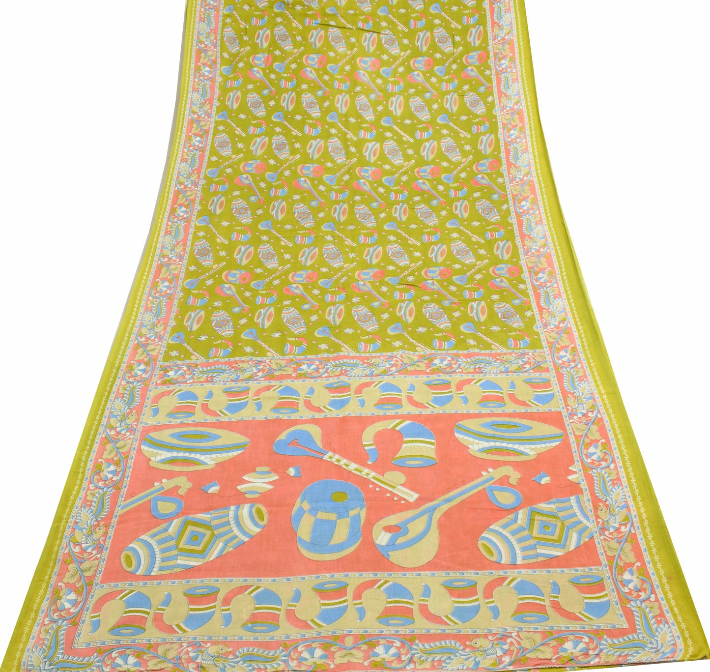 Sushila Vintage Musical Instruments Design Green Kalamkari Printed Cotton Saree