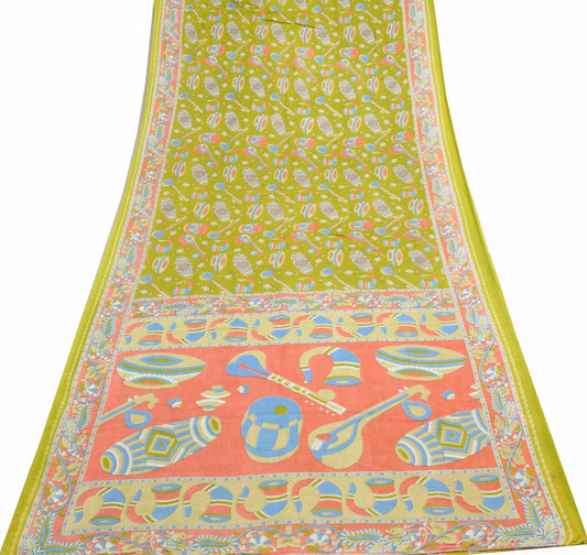 Sushila Vintage Musical Instruments Design Green Kalamkari Printed Cotton Saree