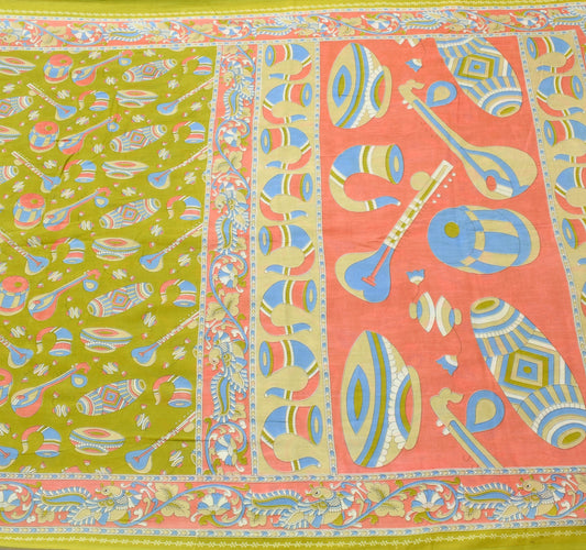 Sushila Vintage Musical Instruments Design Green Kalamkari Printed Cotton Saree