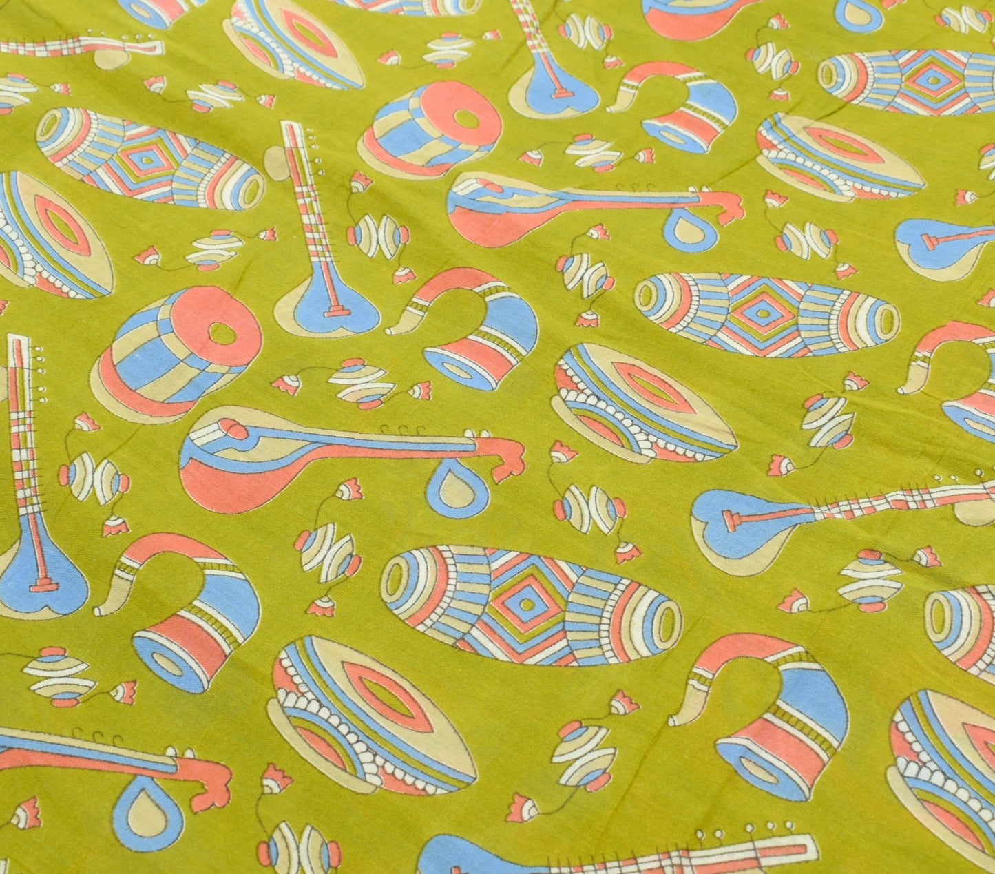Sushila Vintage Musical Instruments Design Green Kalamkari Printed Cotton Saree