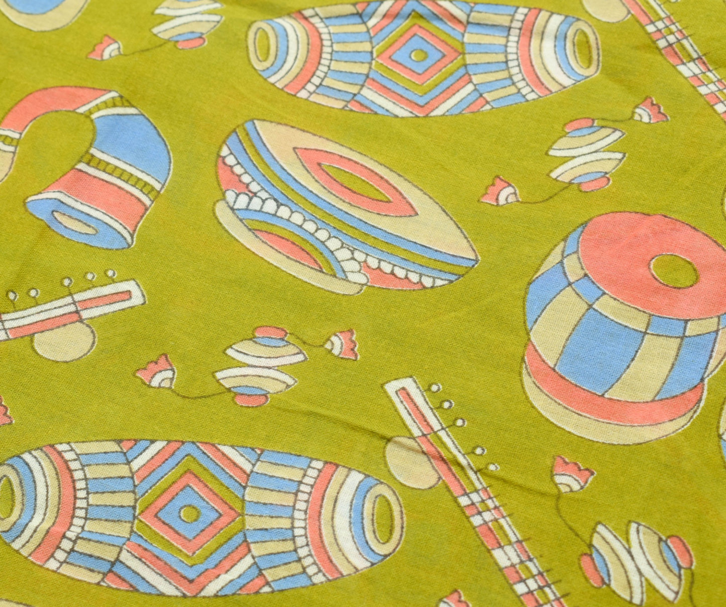 Sushila Vintage Musical Instruments Design Green Kalamkari Printed Cotton Saree