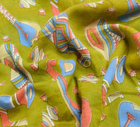 Sushila Vintage Musical Instruments Design Green Kalamkari Printed Cotton Saree