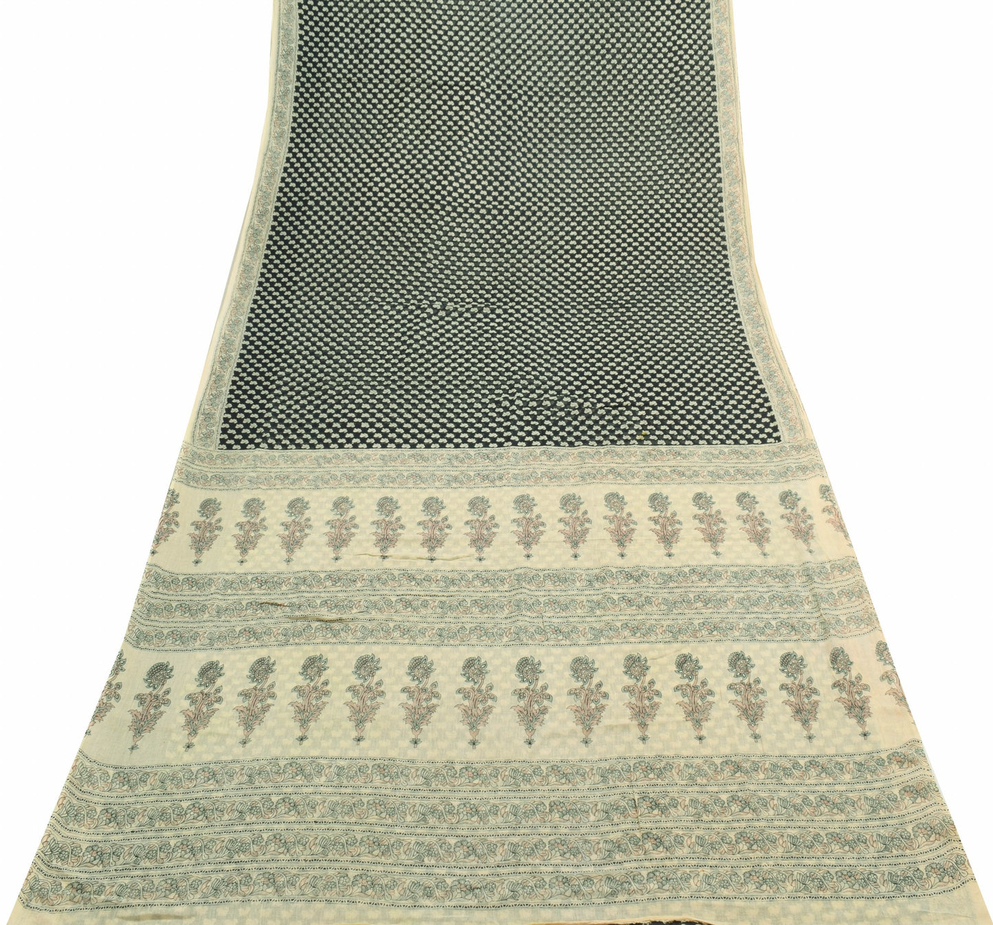 Sushila Vintage Black Saree 100% Pure Cotton Paisley Printed Soft Craft Fabric