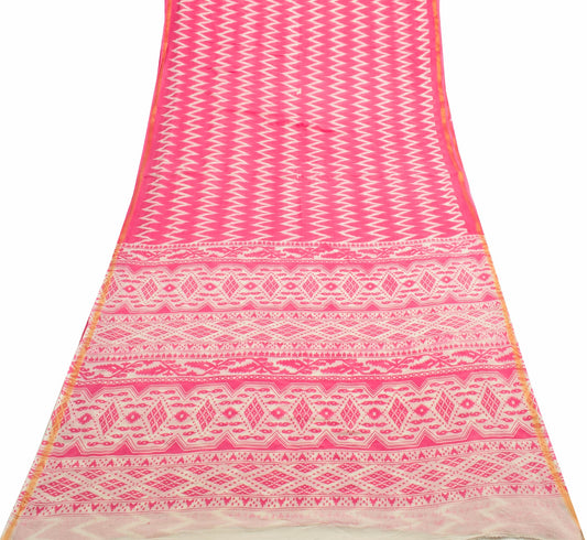 Sushila Vintage Pink Women Saree 100%Pure Cotton Ikat Printed Soft Craft Fabric