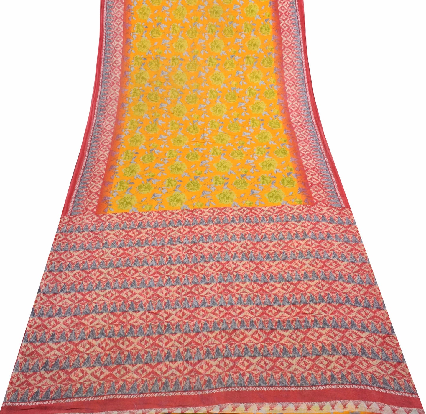 Sushila Vintage Floral Saree 100% Pure Cotton Printed Yellow Soft Craft Fabric