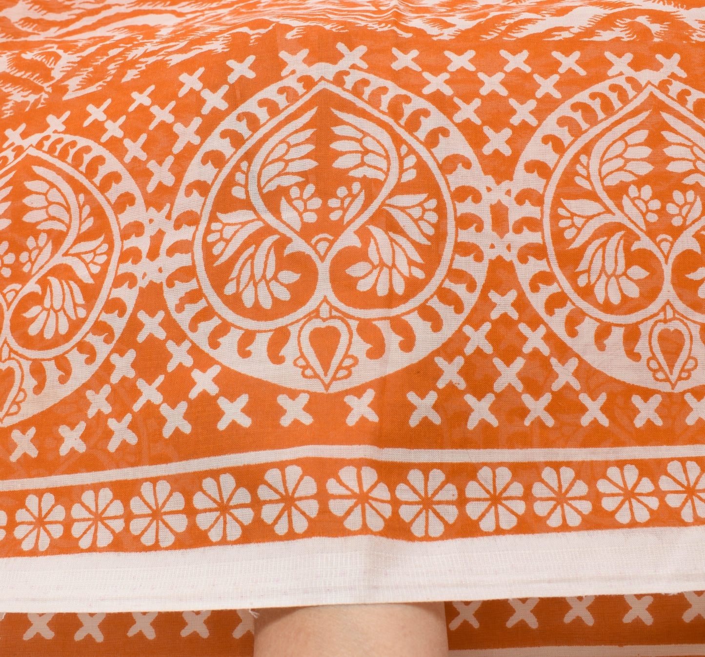 Sushila Vintage Cream & Orange Saree 100% Pure Cotton Printed Soft Craft Fabric