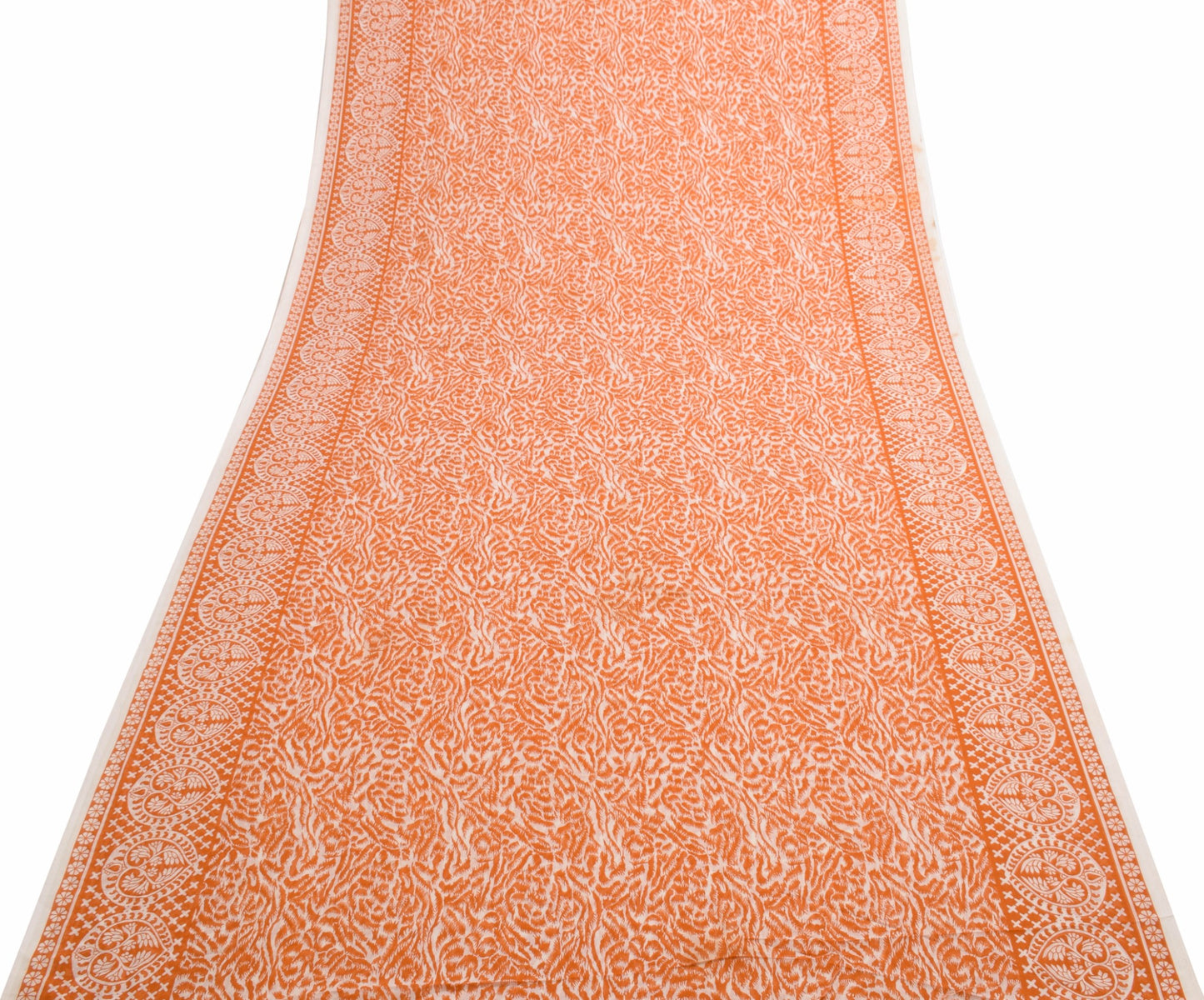Sushila Vintage Cream & Orange Saree 100% Pure Cotton Printed Soft Craft Fabric
