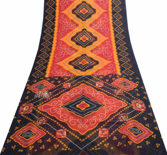 Sushila Vintage Black Saree 100% Pure Cotton Bandhani Printed Women Craft Fabric
