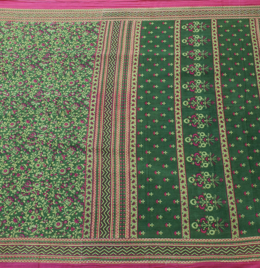 Sushila Vintage Dark Green Floral Saree Pure Cotton Printed Soft Craft Fabric