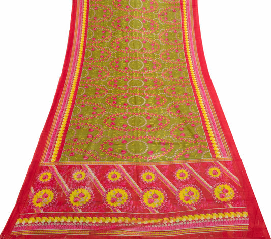 Sushila Vintage Henna Green Saree 100% Pure Cotton Printed Floral Craft Fabric