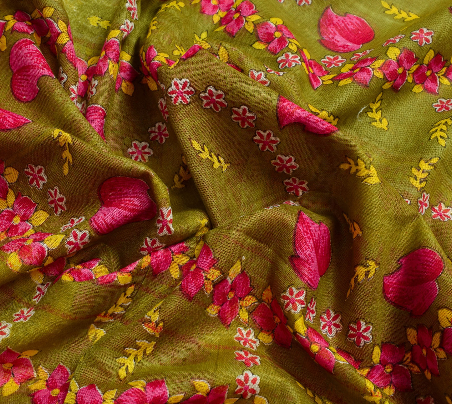 Sushila Vintage Henna Green Saree 100% Pure Cotton Printed Floral Craft Fabric