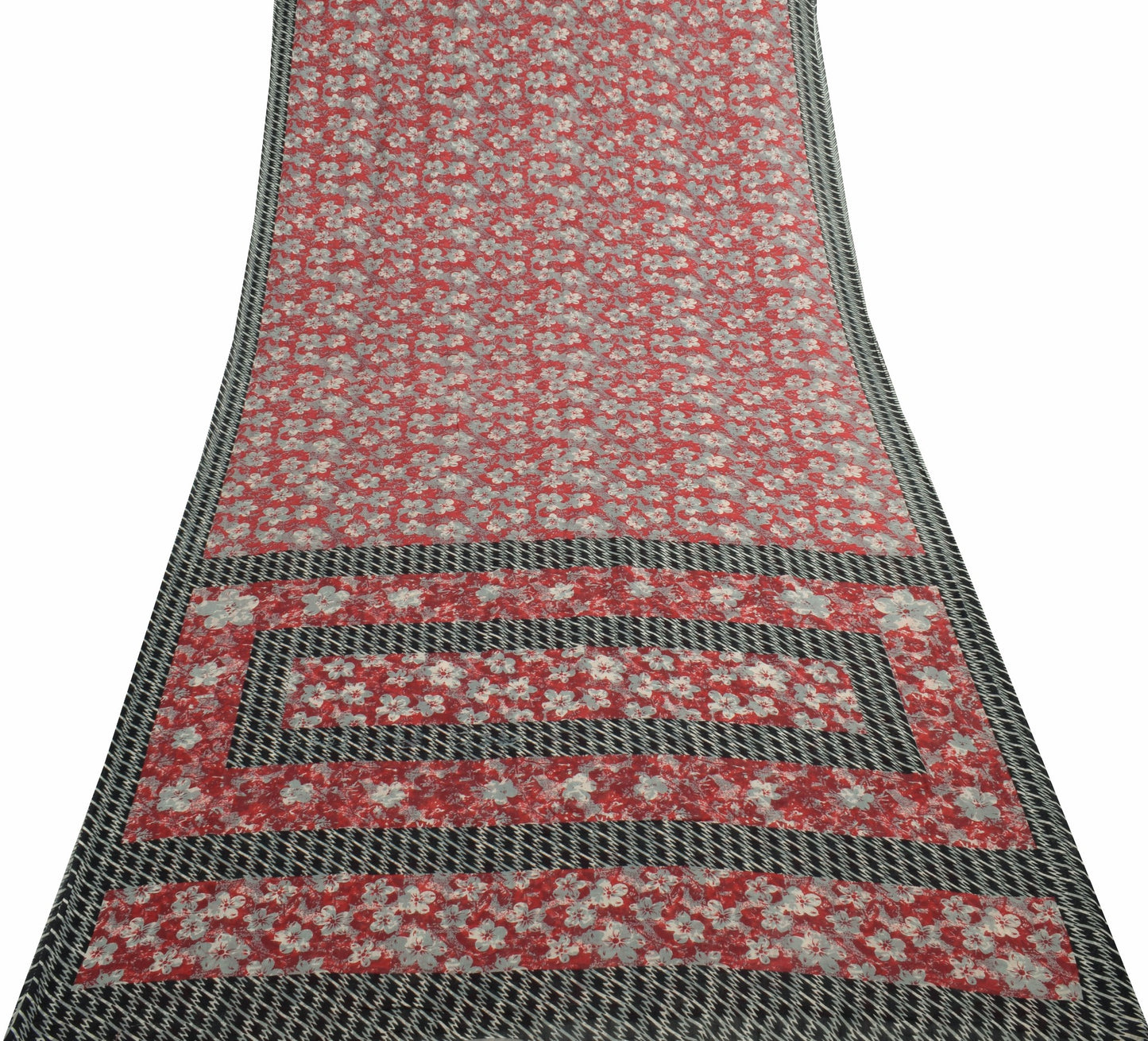 Sushila Vintage Red Floral Women Saree 100%Pure Cotton Printed Soft Craft Fabric