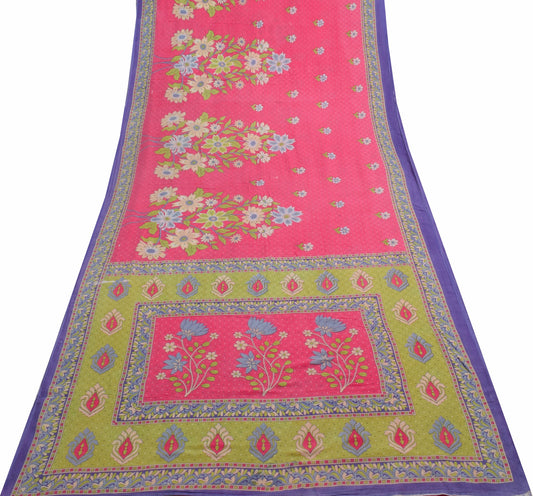 Sushila Vintage Pink Saree 100% Pure Cotton Printed Floral Indian Craft Fabric