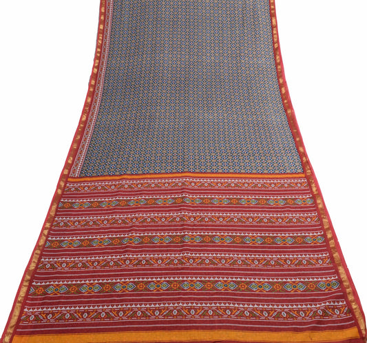Sushila Vintage Saree 100%Pure Cotton Blue Geometrical Printed Soft Craft Fabric