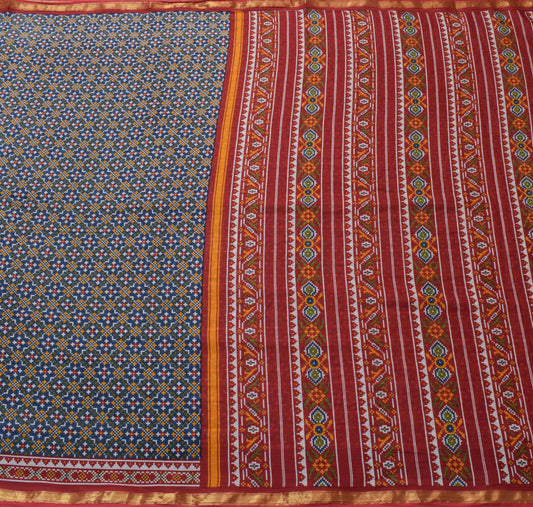 Sushila Vintage Saree 100%Pure Cotton Blue Geometrical Printed Soft Craft Fabric