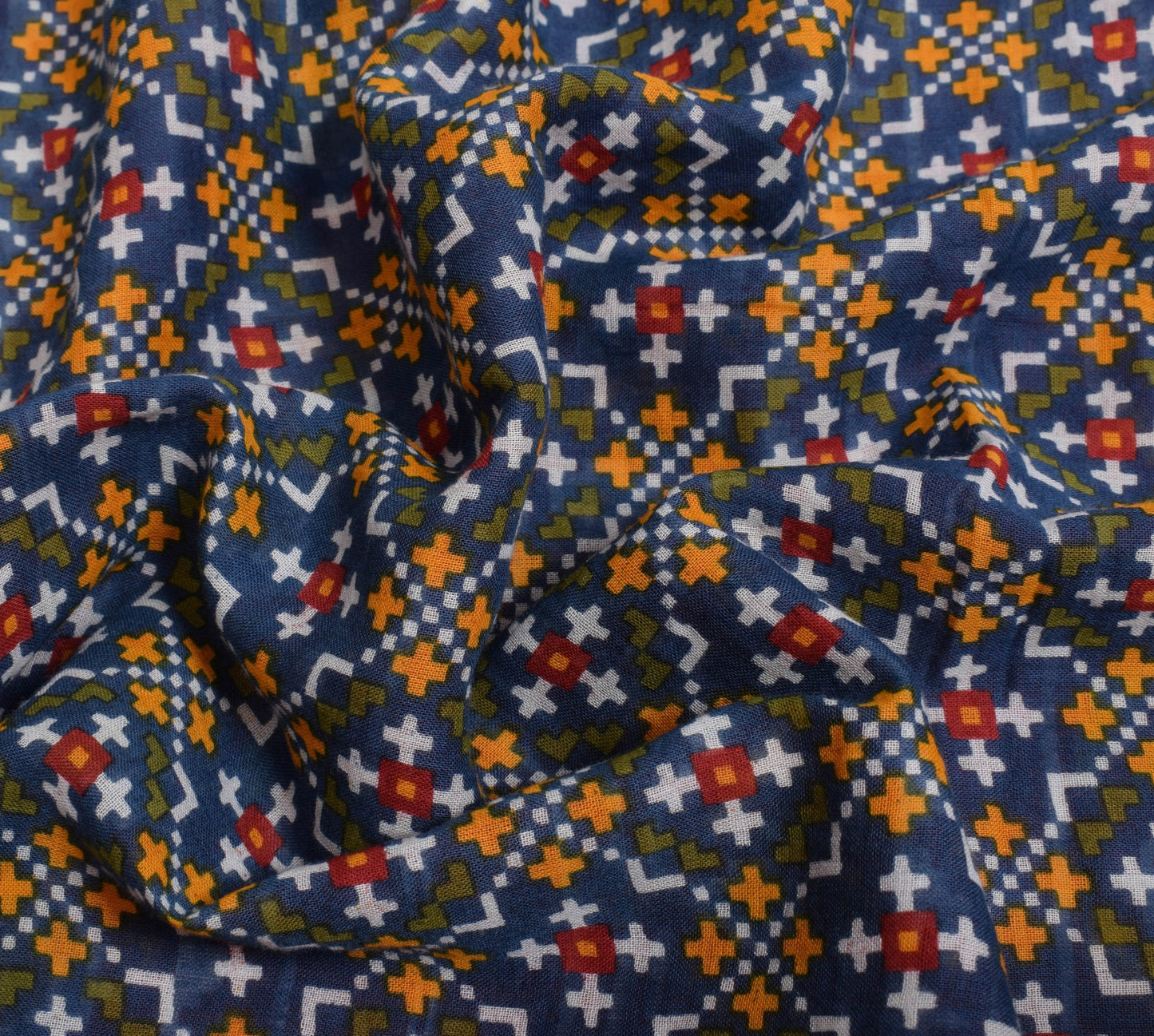 Sushila Vintage Saree 100%Pure Cotton Blue Geometrical Printed Soft Craft Fabric