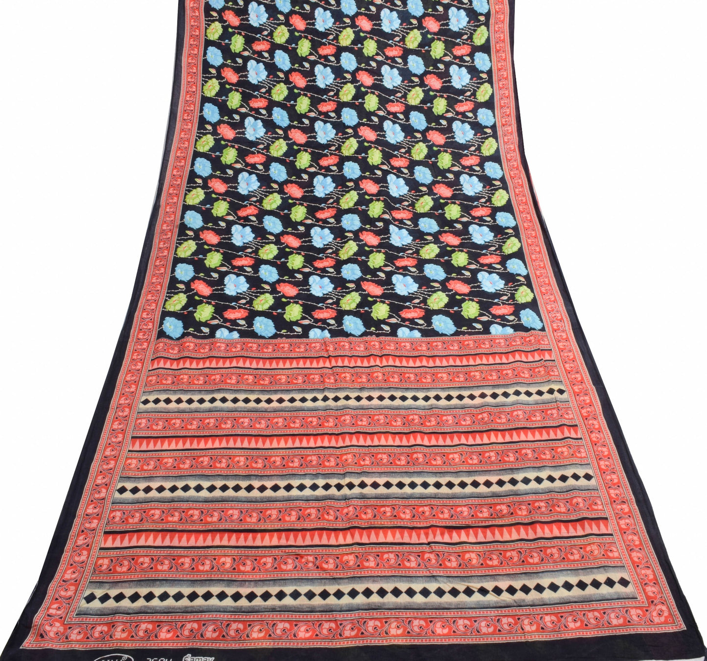 Sushila Vintage Floral Black Saree 100% Pure Cotton Printed Soft Craft Fabric