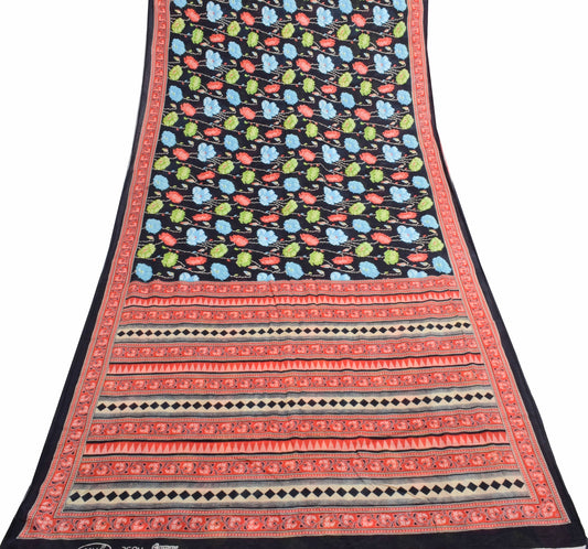 Sushila Vintage Floral Black Saree 100% Pure Cotton Printed Soft Craft Fabric