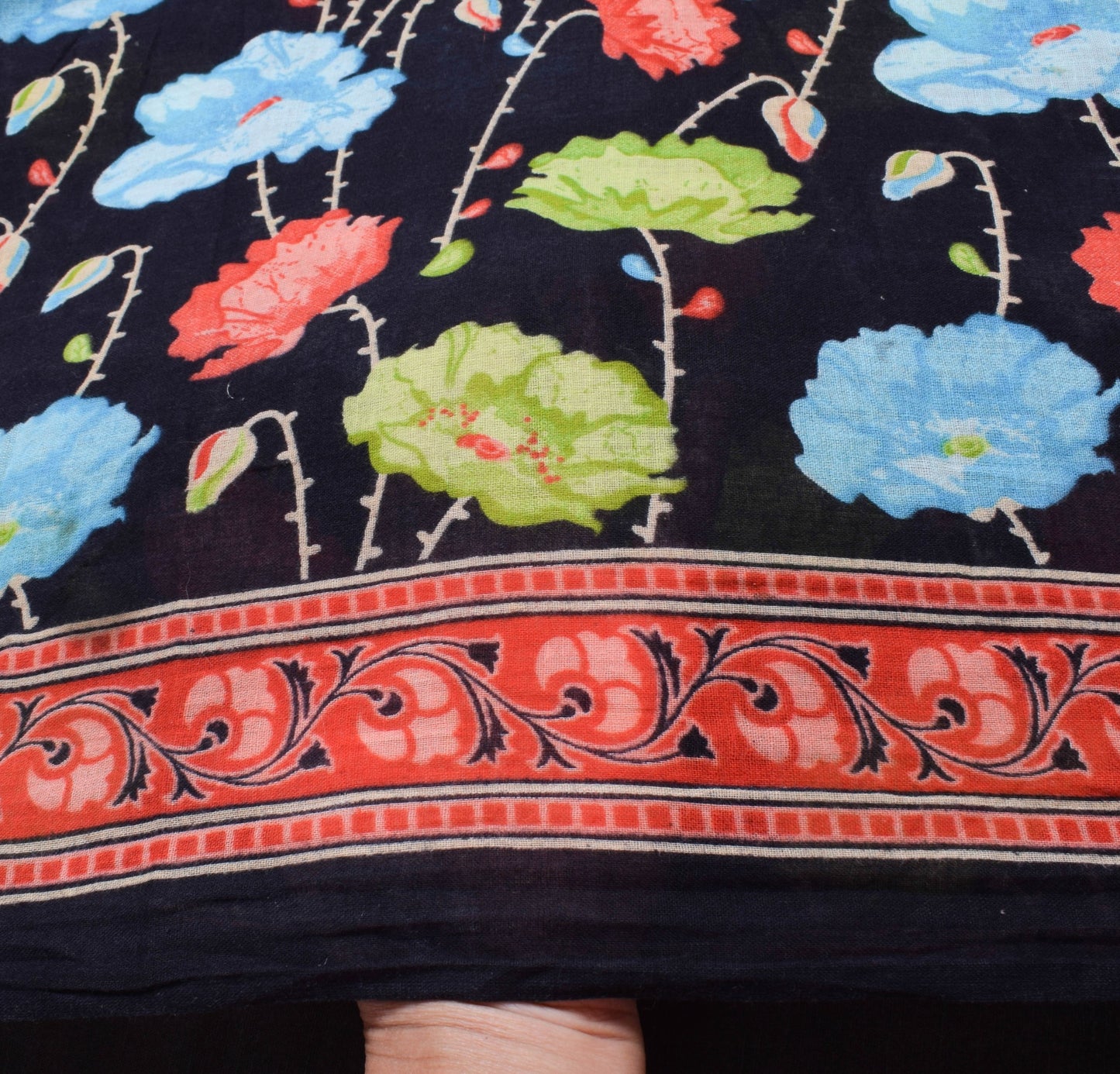 Sushila Vintage Floral Black Saree 100% Pure Cotton Printed Soft Craft Fabric