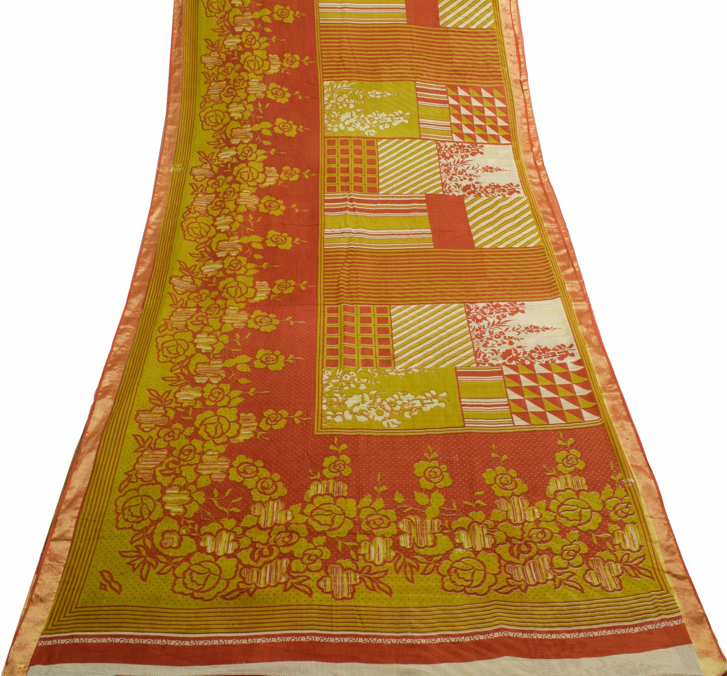 Sushila Vintage Green Rust Saree 100% Pure Cotton Floral Printed Craft Fabric