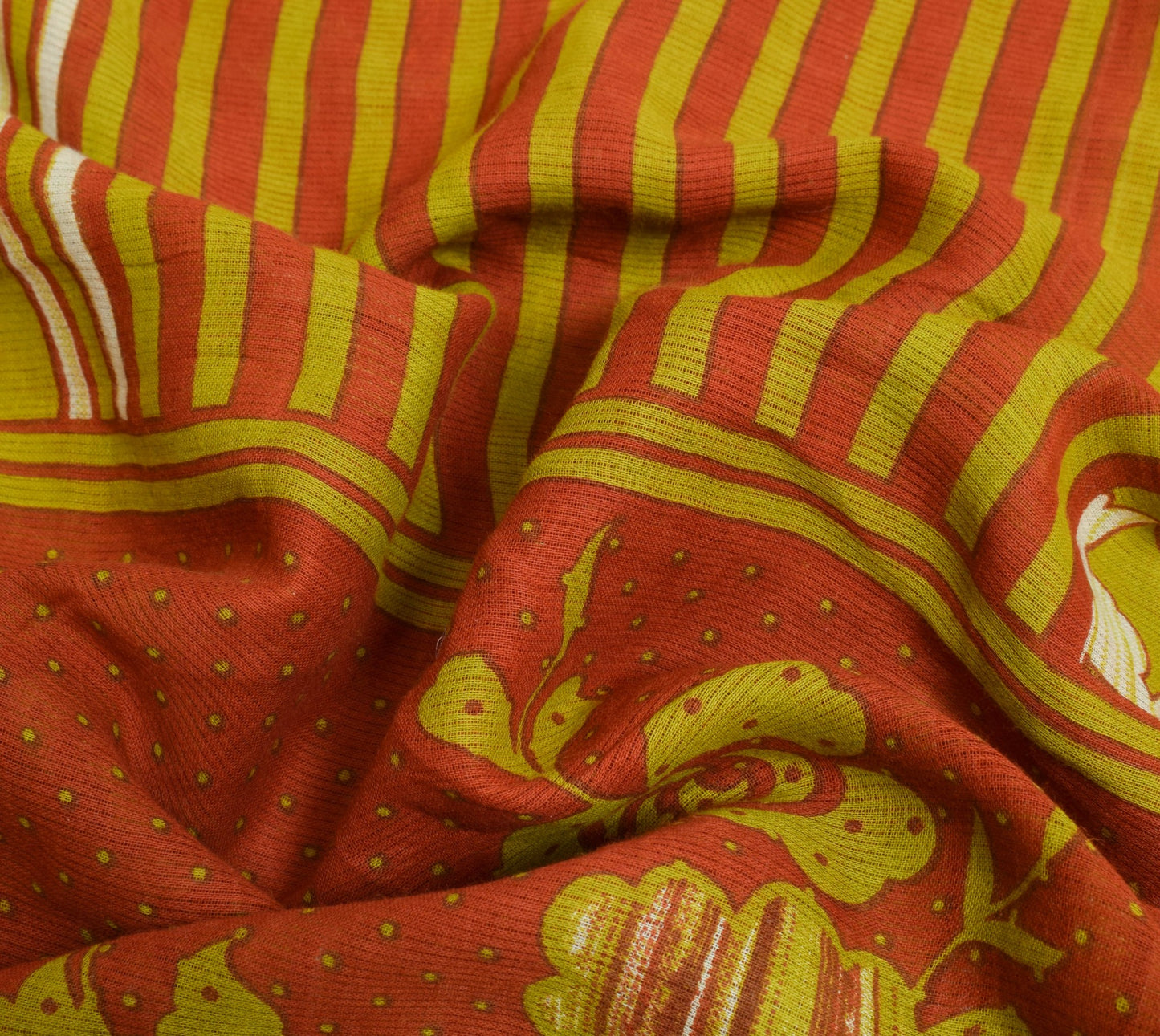 Sushila Vintage Green Rust Saree 100% Pure Cotton Floral Printed Craft Fabric