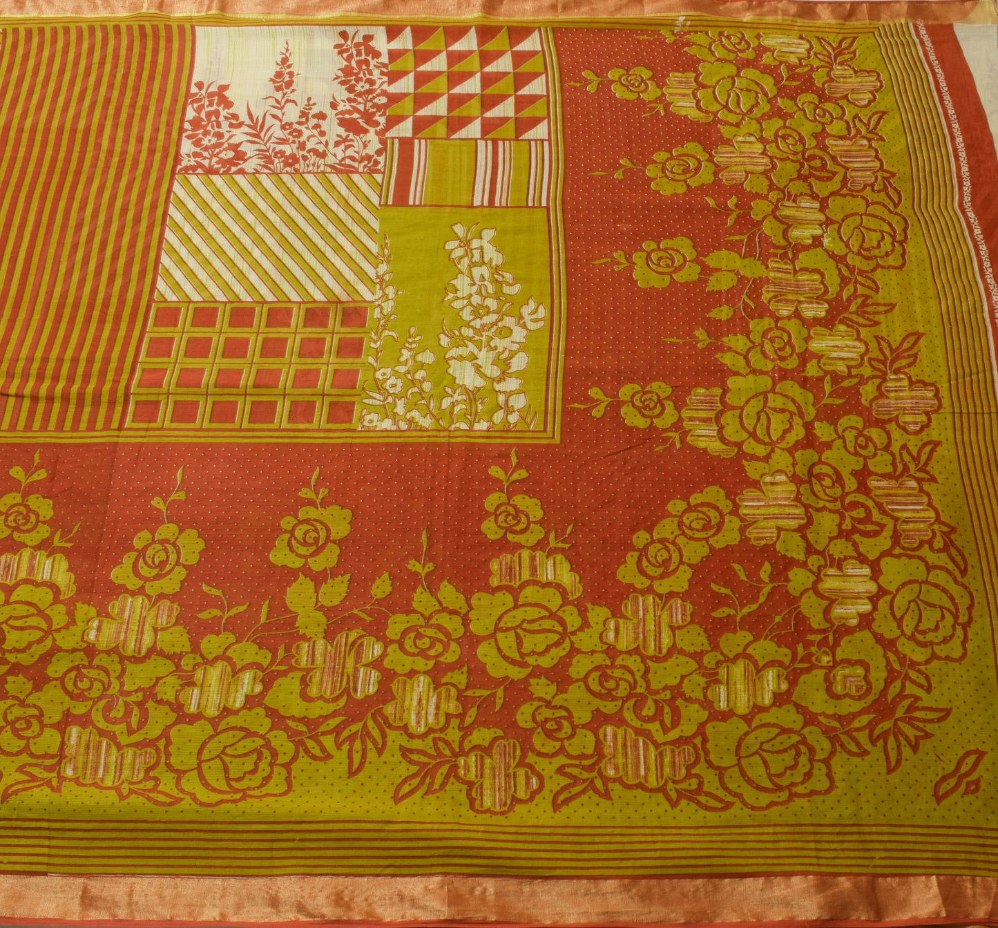 Sushila Vintage Green Rust Saree 100% Pure Cotton Floral Printed Craft Fabric