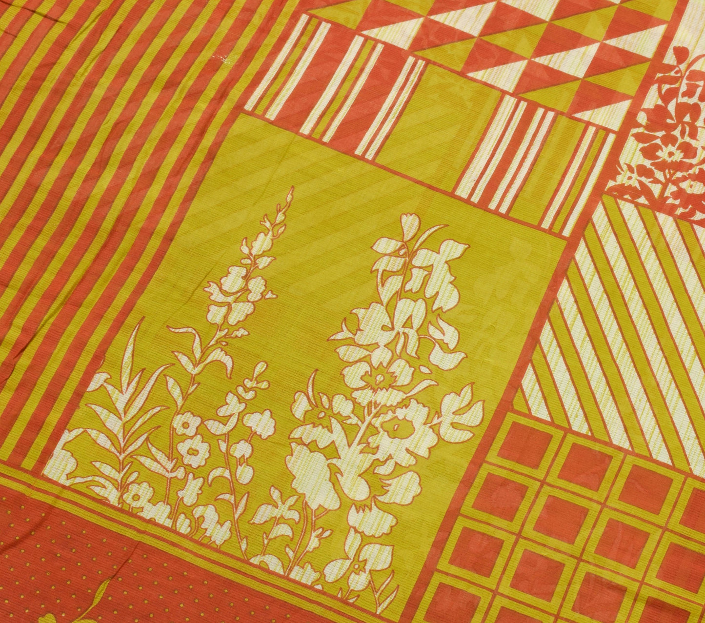 Sushila Vintage Green Rust Saree 100% Pure Cotton Floral Printed Craft Fabric