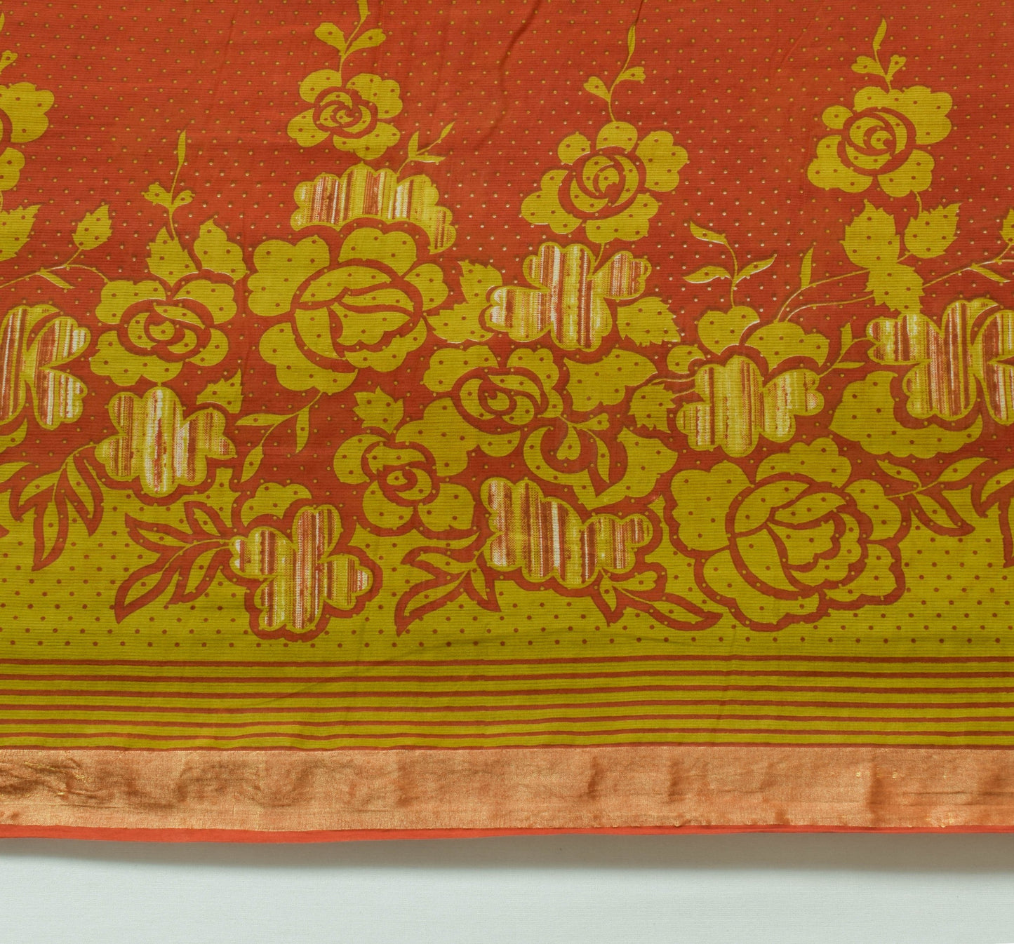 Sushila Vintage Green Rust Saree 100% Pure Cotton Floral Printed Craft Fabric