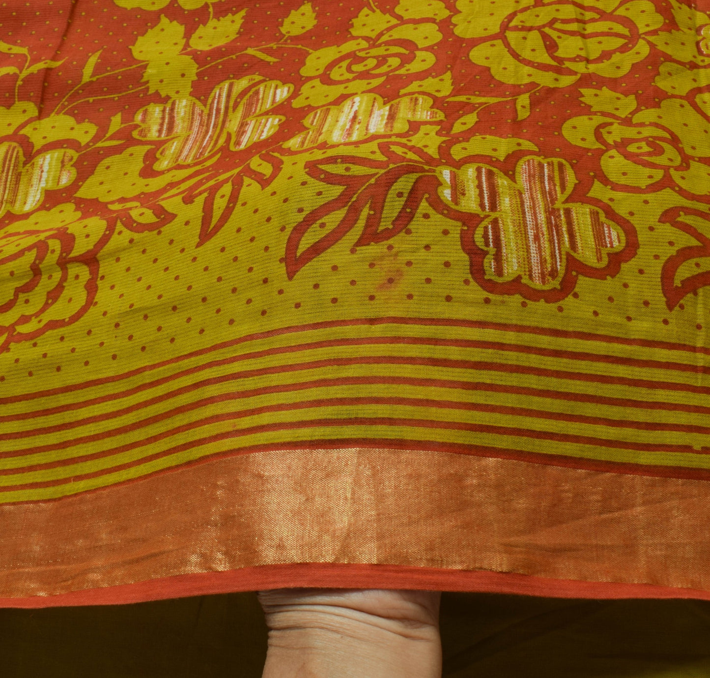 Sushila Vintage Green Rust Saree 100% Pure Cotton Floral Printed Craft Fabric