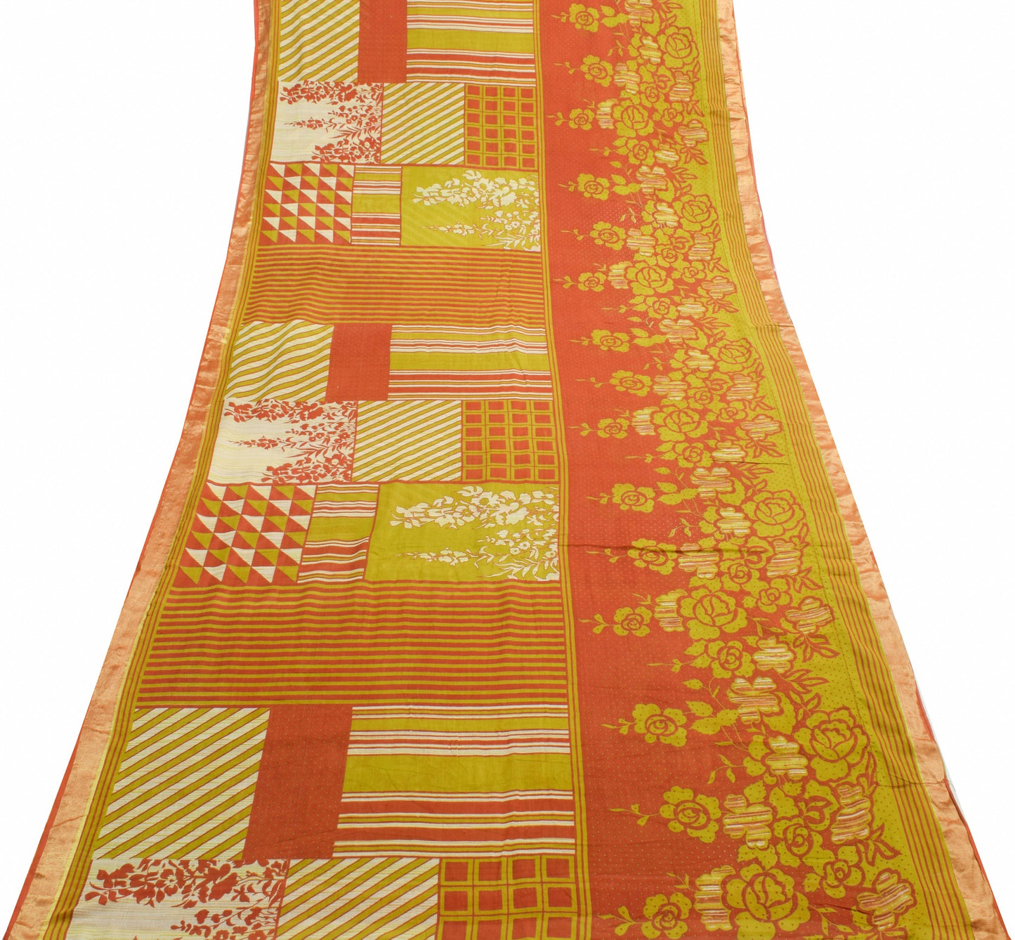 Sushila Vintage Green Rust Saree 100% Pure Cotton Floral Printed Craft Fabric