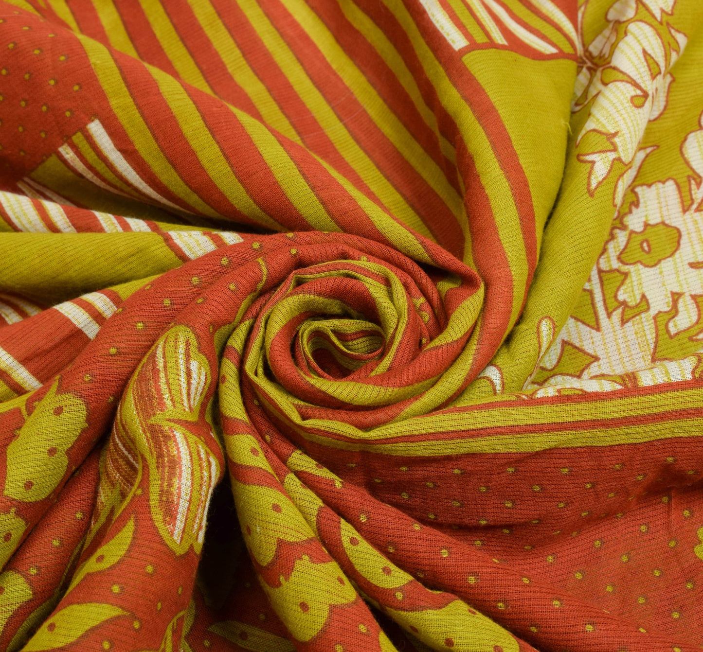 Sushila Vintage Green Rust Saree 100% Pure Cotton Floral Printed Craft Fabric