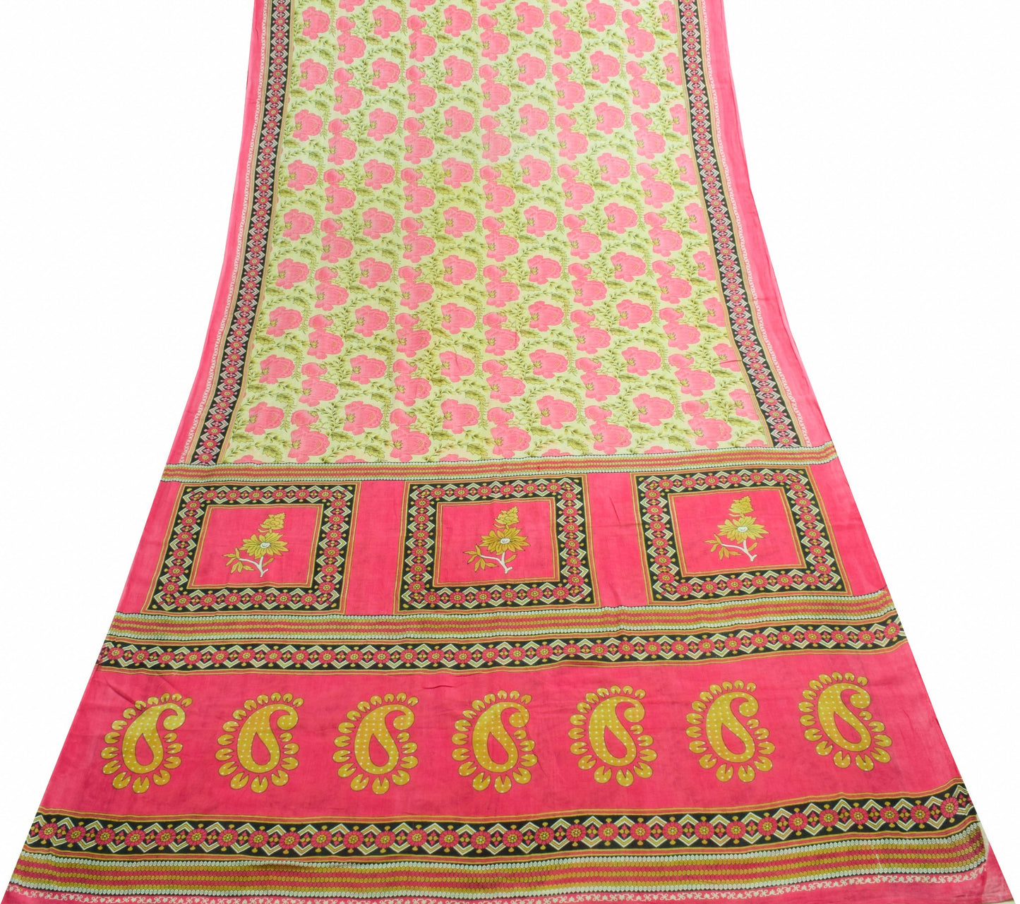Sushila Vintage Light Yellow Saree 100% Pure Cotton Printed Soft Craft Fabric
