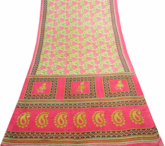 Sushila Vintage Light Yellow Saree 100% Pure Cotton Printed Soft Craft Fabric